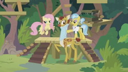 Size: 1600x900 | Tagged: safe, screencap, clementine, doctor fauna, fluttershy, earth pony, giraffe, pegasus, pony, she talks to angel, bush, cloven hooves, female, mare, neck brace, platform, sweet feather sanctuary, tree