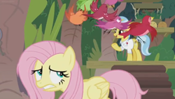 Size: 1600x900 | Tagged: safe, screencap, constance, doctor fauna, fluttershy, bird, earth pony, pegasus, pony, she talks to angel, ducking, female, flock, mare, platform, stairs, sweet feather sanctuary, tree, worried