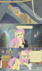 Size: 1600x2694 | Tagged: safe, edit, edited screencap, screencap, angel bunny, fluttershy, pegasus, pony, rabbit, she talks to angel, animal, book, box, carrot juice, comic, concentrated carrot extract, container, door, duo, female, frazzled, hoof on head, jar, ladder, male, mare, rope, screencap comic, shelf, speech bubble, stool, surprised, vase