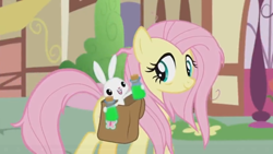 Size: 1600x900 | Tagged: safe, screencap, angel bunny, fluttershy, pegasus, pony, rabbit, she talks to angel, animal, cork, duo, female, frazzled, glass, green liquid, male, mare, ponyville, potion, saddle bag, vial, walking