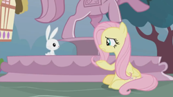 Size: 1600x900 | Tagged: safe, screencap, angel bunny, fluttershy, pegasus, pony, rabbit, she talks to angel, animal, body swap, duo, female, fountain, house, male, mare, sitting