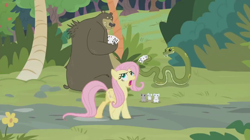 Size: 1366x764 | Tagged: safe, screencap, angel bunny, antoine, fluttershy, harry, bear, mouse, pegasus, pony, python, snake, she talks to angel, body swap, bush, card game, complaining, female, flower, mare, not fluttershy, sarcasm, sweet feather sanctuary