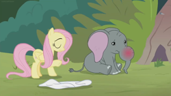 Size: 1366x768 | Tagged: safe, screencap, angel bunny, fluttershy, muriel, elephant, pegasus, pony, she talks to angel, bandage, body swap, female, mare, not fluttershy, swollen