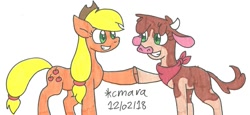 Size: 1516x695 | Tagged: safe, artist:cmara, applejack, arizona cow, cow, earth pony, pony, them's fightin' herds, bandana, cloven hooves, cowboy hat, crossover, female, hat, hoofbump, marker drawing, simple background, traditional art, white background