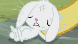 Size: 1366x768 | Tagged: safe, screencap, angel bunny, doctor fauna, fluttershy, rabbit, she talks to angel, animal, body swap, dirty, exhausted, eyes closed, frazzled, hoof hold, male, not angel bunny, solo focus, tired