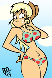 Size: 2000x3000 | Tagged: safe, artist:ben-the-looney, applejack, human, applerack, belly button, bikini, breasts, clothes, female, humanized, midriff, solo, swimsuit