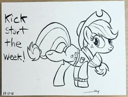 Size: 1015x766 | Tagged: safe, artist:jaykincer, applejack, earth pony, pony, monochrome, motivation, positive ponies, solo, text