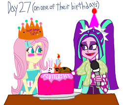 Size: 2000x1706 | Tagged: safe, artist:bigpurplemuppet99, aria blaze, fluttershy, better together, equestria girls, 30 day otp challenge, ariashy, birthday cake, birthday crown, blushing, cake, female, flutterblaze, food, hat, lesbian, microphone, party hat, shipping