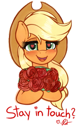 Size: 637x1011 | Tagged: dead source, safe, artist:ratofdrawn, applejack, earth pony, pony, cowboy hat, dialogue, female, flower, hat, heart eyes, looking at you, mare, rose, signature, simple background, smiling, stetson, tumblr, tumblr 2018 nsfw purge, wingding eyes