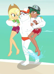 Size: 410x567 | Tagged: safe, screencap, applejack, timber spruce, better together, equestria girls, turf war, applejack's hat, barefoot, cap, clothes, cowboy hat, feet, female, hat, legs, lifeguard, lifeguard timber, male, male feet, partial nudity, shorts, smiling, toes, topless, water