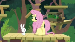 Size: 1920x1080 | Tagged: safe, screencap, angel bunny, fluttershy, pegasus, pony, rabbit, she talks to angel, animal, duo, female, male, mare, messy mane, sweet feather sanctuary