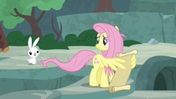 Size: 1920x1080 | Tagged: safe, screencap, angel bunny, fluttershy, pegasus, pony, rabbit, she talks to angel, animal, duo, female, male, mare, scroll, wing hands, wing hold, wings