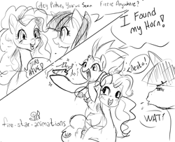 Size: 800x650 | Tagged: safe, artist:candasaurus, fizzlepop berrytwist, pinkie pie, tempest shadow, twilight sparkle, twilight sparkle (alicorn), alicorn, pony, my little pony: the movie, broken horn, comic, female, good end, hammerspace hair, horn, mare, monochrome, pinkie being pinkie, simple background, tempest gets her horn back, tempest now has a true horn, tempestpie, white background