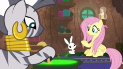 Size: 1920x1080 | Tagged: safe, screencap, angel bunny, fluttershy, zecora, pegasus, pony, rabbit, zebra, she talks to angel, animal, cauldron, ear piercing, earring, female, jewelry, male, mare, neck rings, piercing, trio