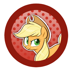 Size: 500x500 | Tagged: safe, artist:jessy, applejack, earth pony, pony, abstract background, button, cowboy hat, dots, female, hat, mare, smiling, solo