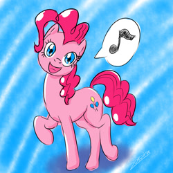 Size: 1024x1024 | Tagged: safe, artist:zokoira, pinkie pie, earth pony, pony, abstract background, cute, diapinkes, female, looking at you, mare, music notes, raised hoof, singing, smiling, solo