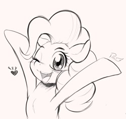 Size: 1516x1427 | Tagged: safe, artist:phoenixperegrine, pinkie pie, earth pony, pony, blushing, cute, female, looking at you, mare, monochrome, one eye closed, simple background, smiling, solo, white background