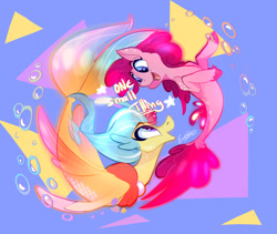 Size: 1280x1079 | Tagged: safe, artist:bombstaticz, pinkie pie, princess skystar, seapony (g4), my little pony: the movie, bubble, cute, diapinkes, duo, female, looking at each other, open mouth, profile, seaponified, seapony pinkie pie, skyabetes, species swap, triangle, underwater, unshorn fetlocks