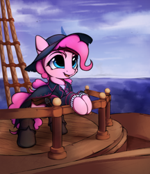 Size: 1802x2082 | Tagged: safe, artist:hitbass, part of a set, pinkie pie, earth pony, pony, bipedal, bipedal leaning, boots, cheek fluff, clothes, cute, diapinkes, fantasy class, feather, female, hat, hoof boots, leaning, mare, ocean, open mouth, pirate, pirate outfit, pirate pinkie pie, pirate ship, shoes, sketch, solo