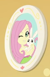 Size: 172x265 | Tagged: safe, screencap, angel bunny, fluttershy, better together, do it for the ponygram!, equestria girls, cropped, female, one eye closed, picture