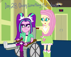 Size: 2000x1612 | Tagged: safe, artist:bigpurplemuppet99, aria blaze, fluttershy, equestria girls, 30 day otp challenge, ariashy, female, flutterblaze, hospital, leg cast, lesbian, shipping, wheelchair