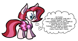 Size: 1172x615 | Tagged: safe, artist:joeywaggoner, oc, oc only, pony, clothes, diane, dress, glasses, pinkie clone, simple background, skirt, solo, the clone that got away, thought bubble, vulgar, white background