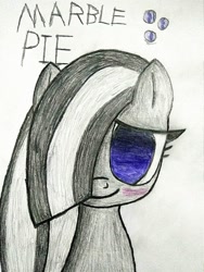 Size: 1536x2048 | Tagged: safe, artist:superhypersonic2000, marble pie, earth pony, pony, blushing, bust, female, hair over one eye, looking at you, mare, no pupils, portrait, shy, shy smile, simple background, smiling, solo, traditional art, white background