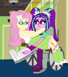 Size: 2000x2266 | Tagged: safe, artist:bigpurplemuppet99, aria blaze, fluttershy, equestria girls, 30 day otp challenge, ariashy, female, flutterblaze, footcast, lesbian, shipping, sitting on person, wheelchair