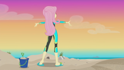 Size: 852x479 | Tagged: safe, screencap, fluttershy, aww... baby turtles, better together, equestria girls, arms wide open, beach, behind, bikini, clothes, feet, female, heel pop, sandals, sole, solo, swimsuit, wetsuit