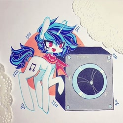 Size: 720x718 | Tagged: safe, artist:dollbunnie, dj pon-3, vinyl scratch, pony, unicorn, bass cannon, clothes, eyebrows, instagram, scarf, solo