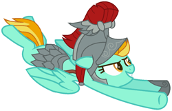 Size: 1012x652 | Tagged: safe, artist:razorbladetheunicron, flash magnus, lightning dust, pegasus, pony, armor, base used, clothes, costume, diving, female, flying, helmet, mare, simple background, solo, white background