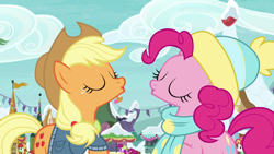 Size: 1280x720 | Tagged: safe, screencap, applejack, pinkie pie, earth pony, pony, best gift ever, eyes closed, female, out of context