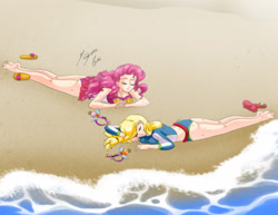 Size: 2786x2153 | Tagged: safe, artist:shinta-girl, applejack, pinkie pie, human, better together, equestria girls, forgotten friendship, barefoot, beach, couple, feet, flip-flops, humanized, sailor moon, sailor scout, sandals, soles