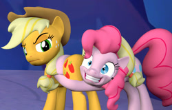 Size: 1280x818 | Tagged: safe, artist:pika-robo, applejack, pinkie pie, earth pony, pony, shadow play, 3d, applebutt, applejack is not amused, butt touch, butthug, faceful of ass, hug, pinkie hugging applejack's butt, plot, scene interpretation, source filmmaker, unamused