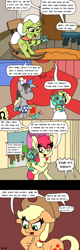 Size: 800x2500 | Tagged: safe, artist:bjdazzle, apple bloom, applejack, big macintosh, granny smith, smarty pants, earth pony, pony, best gift ever, apple family, bed, chest fluff, comic, doll, female, filly, hat, holding, holly the hearths warmer doll, horseshoes, hospital bed, implied flim flam brothers, implied scootaloo, implied sweetie belle, irony, male, mare, nurse hat, patch, playing with toys, rocking chair, rug, season 8.5 holiday gift, spool, stallion, surgery, sweet apple acres, table, thread, toy, welp