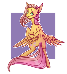 Size: 801x891 | Tagged: safe, artist:lilith1light, fluttershy, pegasus, pony, crying, female, head turn, looking at you, looking back, looking back at you, mare, open mouth, outline, sad, solo, spread wings, teary eyes, white outline, wings, wings down