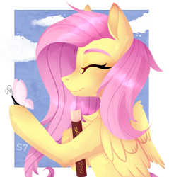 Size: 733x766 | Tagged: safe, artist:linbrine, fluttershy, butterfly, pegasus, pony, book, bust, chest fluff, cute, eyes closed, female, folded wings, holding, mare, profile, shyabetes, sky, smiling, solo, wings