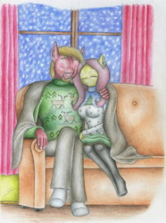 Size: 2374x3199 | Tagged: safe, artist:sinaherib, big macintosh, fluttershy, anthro, clothes, cuddling, female, fluttermac, male, shipping, snow, sofa, straight, sweater, traditional art