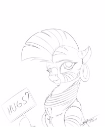 Size: 2500x3000 | Tagged: safe, artist:skitsroom, zecora, zebra, bronybait, cute, ear piercing, earring, female, fluffy, free hugs, jewelry, lineart, looking at you, monochrome, piercing, sign, simple background, solo, white background, zecorable