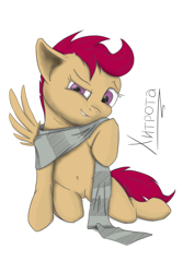 Size: 4000x6000 | Tagged: safe, artist:madgehog, edit, scootaloo, pegasus, pony, belly, belly button, blushing, clothes, colored, cute, cyrillic, dressup, female, filly, looking at you, mare, russian, scarf, shading, signature, simple background, solo, spread wings, teeth, white background, wingboner, wings