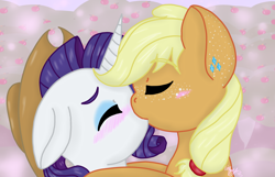 Size: 1280x822 | Tagged: safe, artist:shippingwithrarijack, applejack, rarity, earth pony, pony, unicorn, accessory swap, blushing, cute, daaaaaaaaaaaw, ear piercing, eyes closed, female, jackabetes, kissing, lesbian, love, passionate, piercing, raribetes, rarijack, shipping