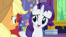 Size: 1280x720 | Tagged: safe, screencap, applejack, rarity, earth pony, pony, unicorn, best gift ever, female, mare, solo focus