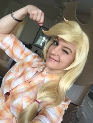 Size: 768x1024 | Tagged: safe, applejack, human, applejack's hat, beautiful, blonde, clothes, cosplay, costume, cowboy hat, hat, irl, irl human, one eye closed, photo, smiling, wink