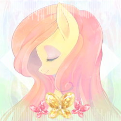 Size: 2800x2800 | Tagged: safe, artist:sibashen, fluttershy, pegasus, pony, album cover, artwork, bust, cute, eyes closed, female, mare, shyabetes, smiling, solo