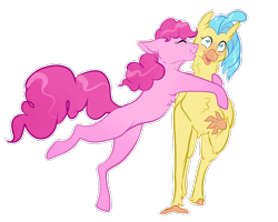 Size: 1000x800 | Tagged: safe, artist:malphym, pinkie pie, princess skystar, earth pony, hippogriff, pony, my little pony: the movie, blushing, chest fluff, eyes closed, female, floppy ears, heart eyes, hug, kiss on the cheek, kissing, lesbian, mare, missing cutie mark, open mouth, request, shipping, simple background, skypie, transparent background, wingding eyes