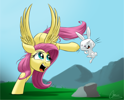 Size: 3584x2914 | Tagged: safe, artist:oinktweetstudios, angel bunny, fluttershy, pegasus, pony, rabbit, she talks to angel, animal, duo, female, happy, jumping, looking at something, male, mare, midair, open mouth, outdoors, rock, smiling, spread wings, wings