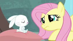 Size: 1920x1080 | Tagged: safe, screencap, angel bunny, fluttershy, pony, rabbit, she talks to angel, animal, body swap, cute, duo, eyes closed, female, male, mare, sad, sadorable, shyabetes, solo