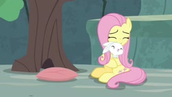 Size: 1920x1080 | Tagged: safe, screencap, angel bunny, fluttershy, pegasus, pony, rabbit, she talks to angel, animal, body swap, cute, duo, eyes closed, female, hug, male, mare, pillow, shyabetes
