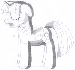Size: 1506x1412 | Tagged: safe, artist:aafh, twilight sparkle, pony, unicorn, eyes closed, female, floppy ears, grayscale, mare, monochrome, open mouth, simple background, solo, traditional art, white background