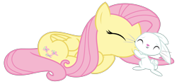 Size: 3147x1500 | Tagged: safe, artist:sketchmcreations, angel bunny, fluttershy, pegasus, pony, rabbit, she talks to angel, animal, cute, duo, eyes closed, female, hug, male, mare, prone, shyabetes, simple background, smiling, transparent background, vector